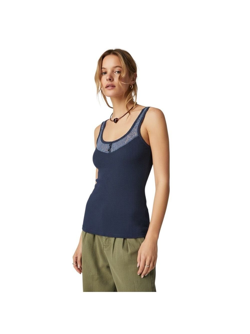Free People Y2K Lace Trim Ribbed Tank Top – Vintage Cowboy Tag – Size L Juniors